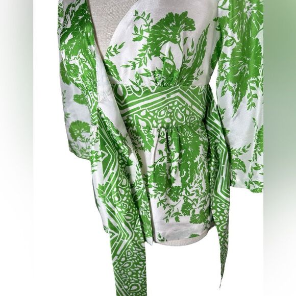 Tibi New York Green & White Silk Floral Print Wrap Style Blouse - Picture 9 of 14